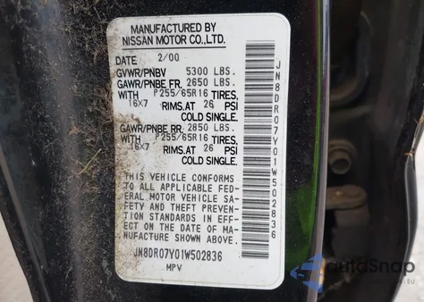 2001 Nissan Pathfinder Se from USA, damaged, VIN JN8DR07Y01W502836